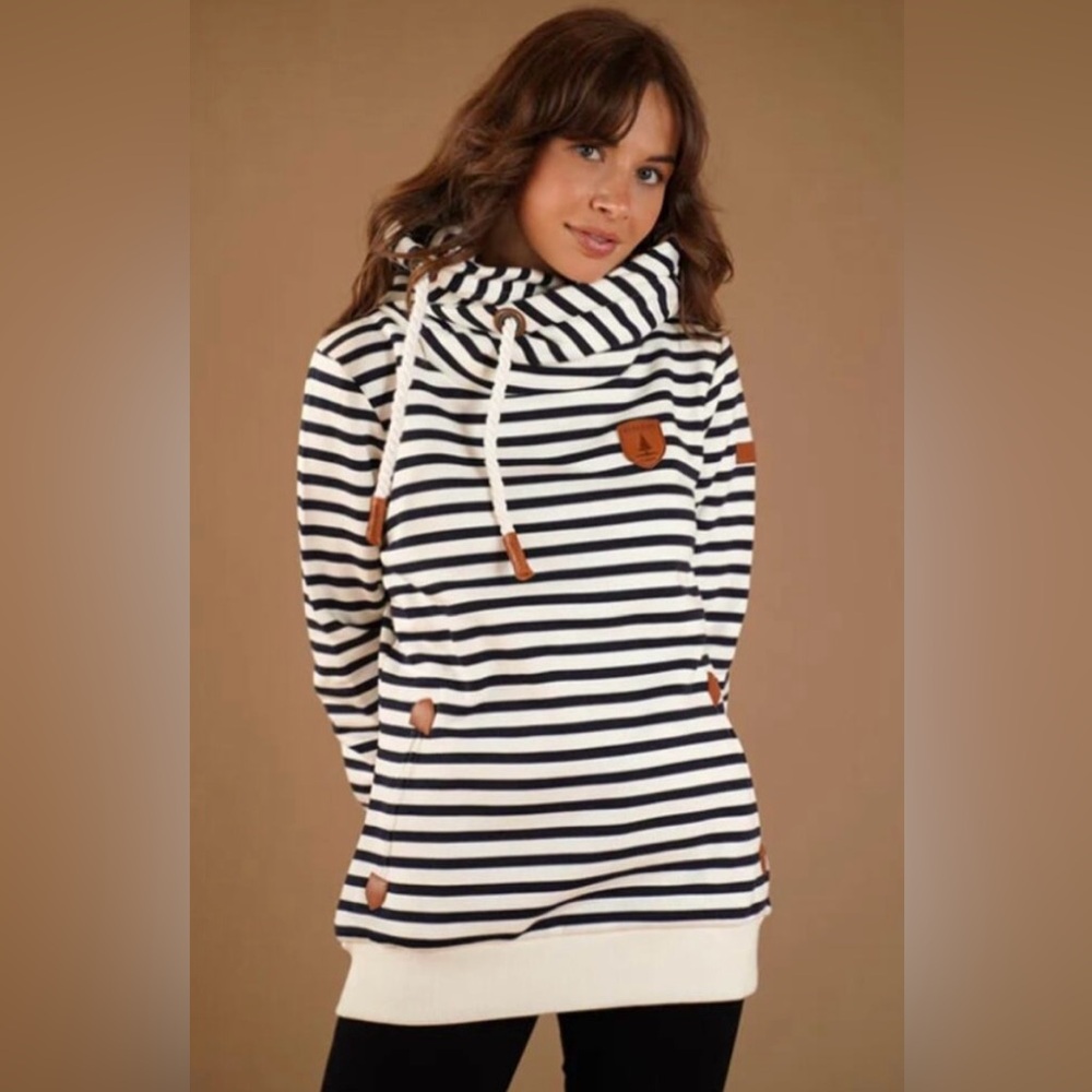 Wanakome Women's Artemis Cowl Neck Black Striped Hooded Sweatshirt Size Small